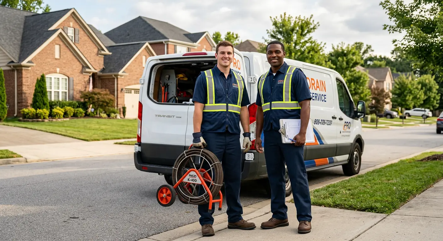 Sewer and drain service team with equipment ready for work in Thompson