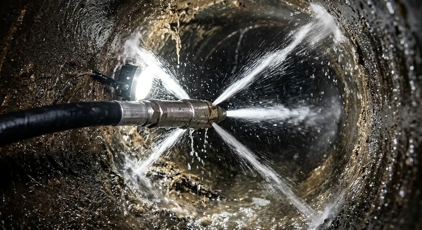 High-pressure hydro jetting nozzle cleaning sewer pipe for Trenchless Sewer Repair in Thompson