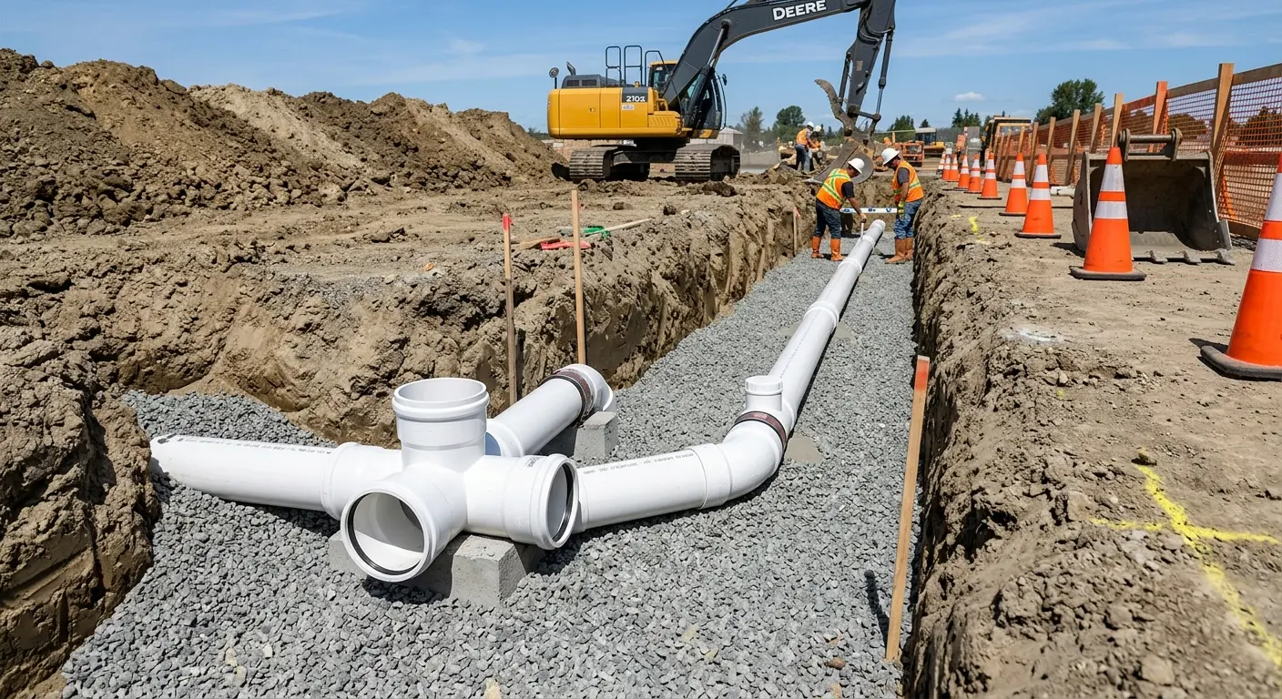 New PVC sewer pipe installation in open trench for Sewer Backup in Thompson