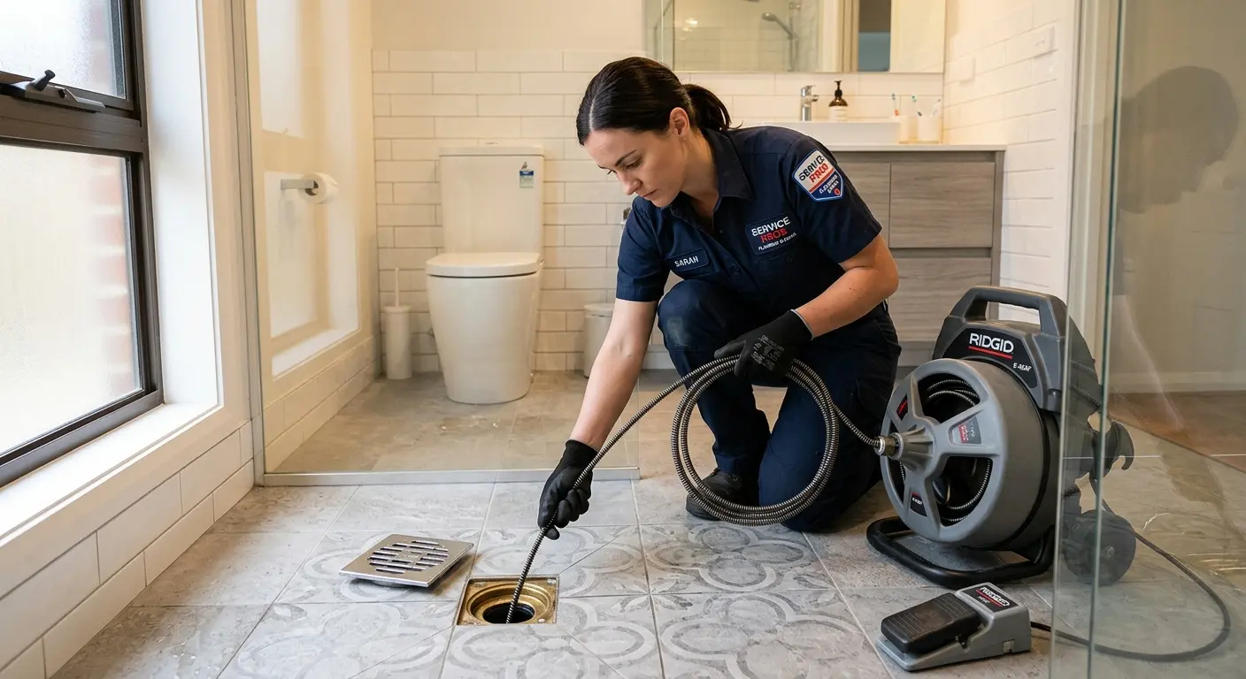 Technician clearing a bathroom floor drain for Sewer Line Installation in Thompson